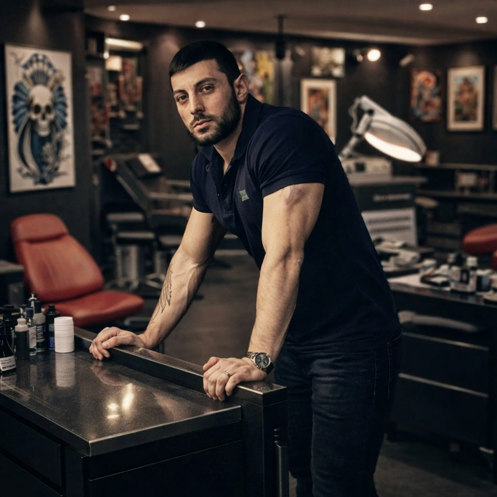 Shavarsh Zalyan dans son salon de tatouage à Reims